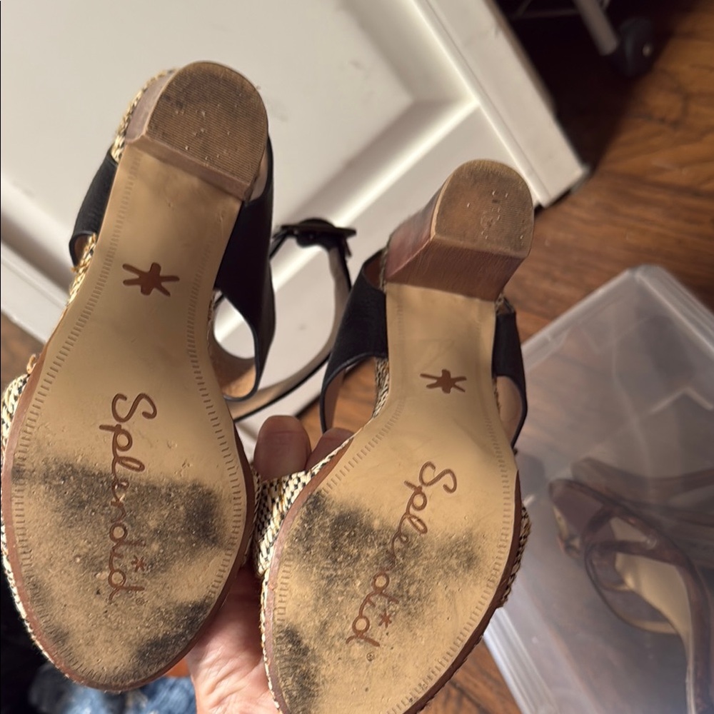 Splendid Black and Tan Heeled Sandals with Chunky Heel - Picture 5 of 6